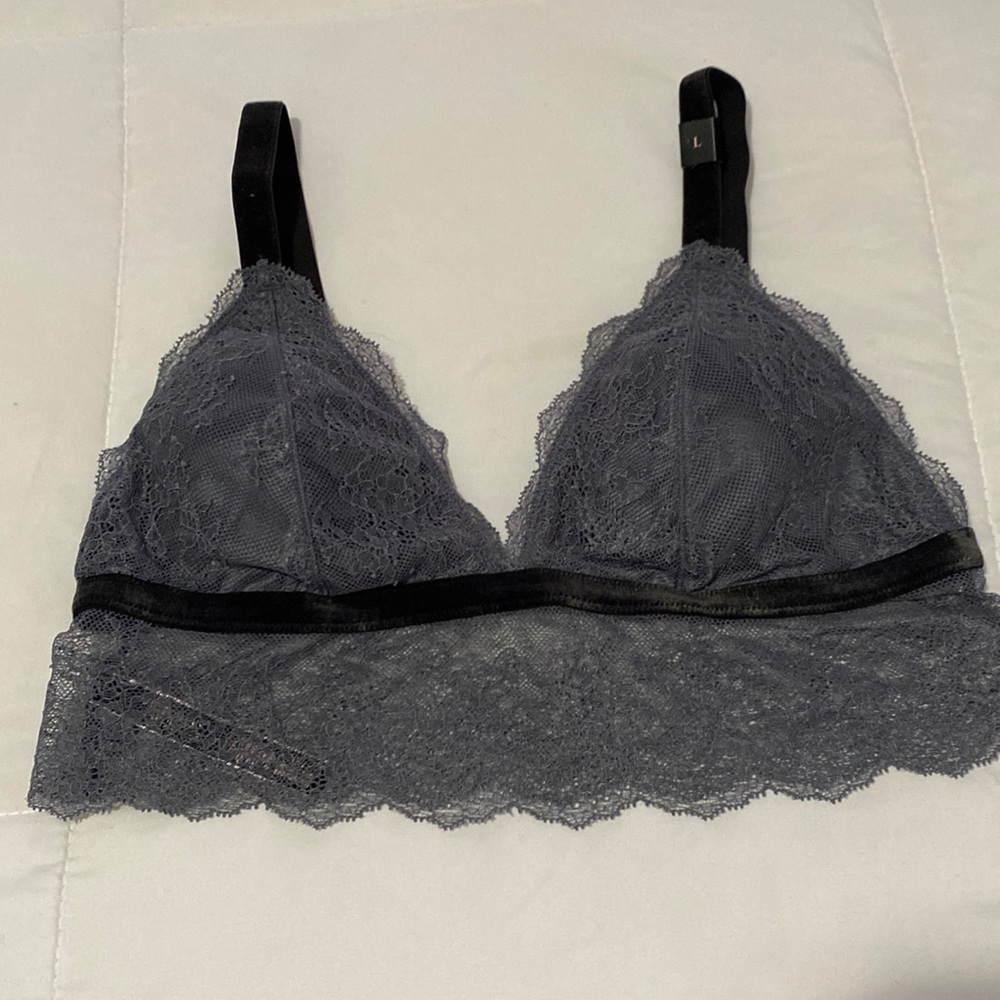 Victoria’s Secret gray lace bralette with velvet straps.